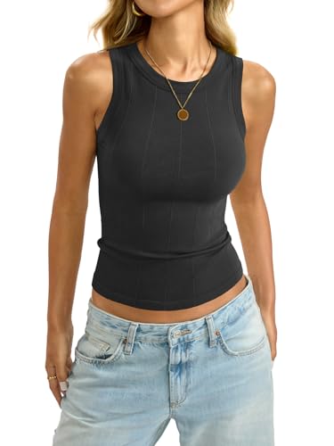 Image of EasyGala Womens Ribbed Seamless Tank Knit Crew Neck Shirt Summer Fitted Sleeveless Top Casual Basic High Neck Clothes