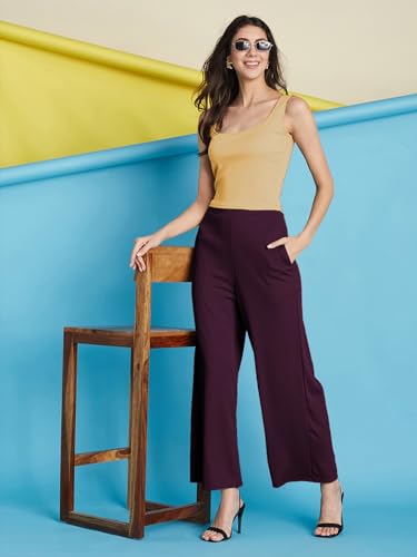 Image of Selvia Women's Solid Ribbed Lycra Elastic Regular Fit Wide-Leg Trouser