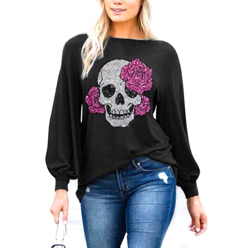Skull Boat Neck Tops for Women Vintage Gothic Graphic Tees