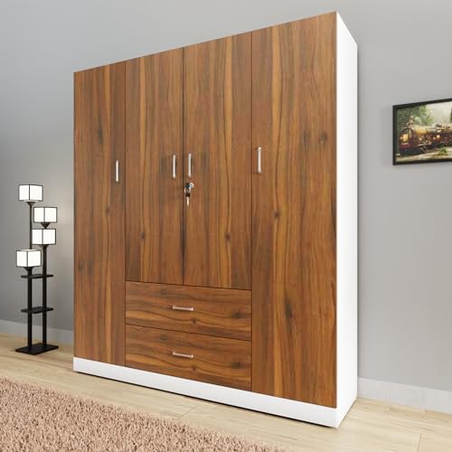 Image of VIKI Wardrobe | Wooden Almirah for Clothes,Door for Bedroom, 4 Door Wardrobe with Drawer & Hanging Space (White & Walnut - 40D x 160W x 180H) | 1 Year Warranty | Free Assembly
