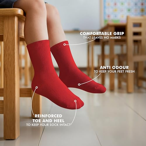 Image of Supersox Regular Length School Uniform Socks for Kids | Breathable Cotton | Anti-Odour & Moisture Absorbent | Durable Welt for All-Day Comfort | Red Colour | Pack of 5