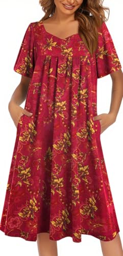 Image of Ekouaer Women's House Dress - Pleated Nightgown with Short Sleeves & Pockets