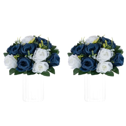 Image of NUPTIO Flower Centerpieces for Tables, Fake Rose Balls, Navy Blue & White