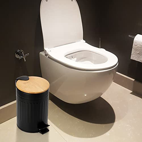 Avla 2 Liter Small Step Trash Can, Metal Pedal Rubbish Wastebasket Trashcans, Round Garbage Container Bin With Bamboo Lid And Liner Bucket, Compact Waste Basket For Bathroom, Office, Bedroom, Kitchen #TOP6