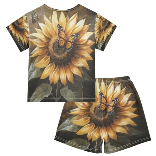ALAZA Sunflower Butterfly Flower Blossom Pajamas Set Short Sleeve Cotton Sleepwear Summer Pjs 2 Piece 5-14Y2