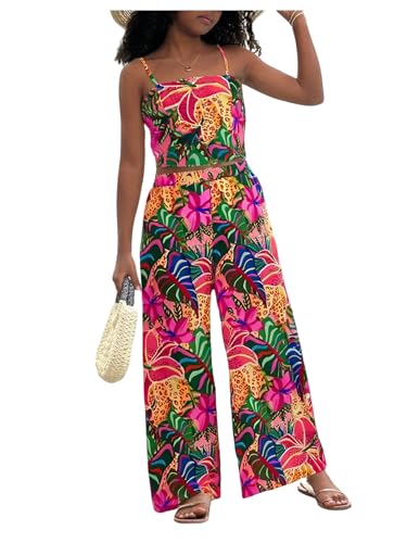 Image of Floerns Girl's 2 Piece Outfit Hawaiian Tropical Crop Cami Tops and Boho Pants Set