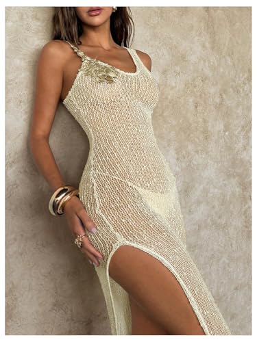 Milumia Women's Sexy Glitter Crochet Cover Up Dress Split Thigh Sheer Long Beach Dresses4