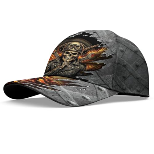 Image of Skull Baseball Cap for Men, Grim Reaper Death Crack Old Metal with Flag, Men's Hat, Adjustable Motorcycle Soft Caps
