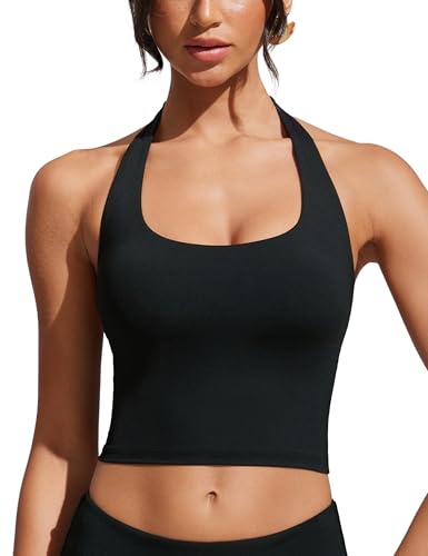 CRZ YOGA Womens Halter Bikini Tops Full Coverage Swim Bathing Suit Scoop Neck Backless Swimsuit Padded