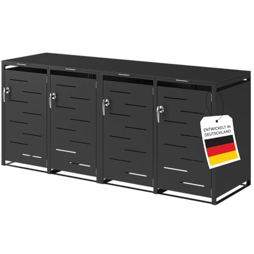 STEELSØN Diorus Mülltonnenbox 4er 120L abschließbar – Hochwertige Mülltonnenverkleidung für 4 Tonnen – Müllbox Stahl – Müllcontainer Schwarz - Mülltonnen Box wetterfest – Gerätebox mit Schloss