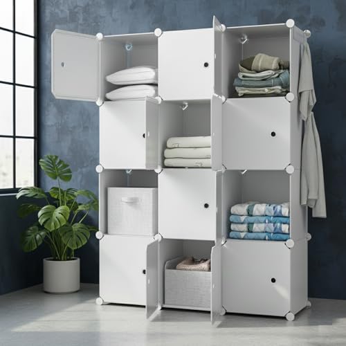 Image of KRISHYAM Kids Modular Storage Cabinet with White Doors,12 Cube Plastic Wardrobe Organizer, DIY Closet System with Hanging Rod, Toy & Clothes Storage (White, 12 Box)