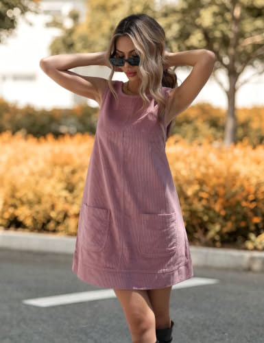 Image of Hooever Women's Corduroy Overall Dress Round Neck A Line Skirtall Jumper Mini Dress Pinafore with Pockets