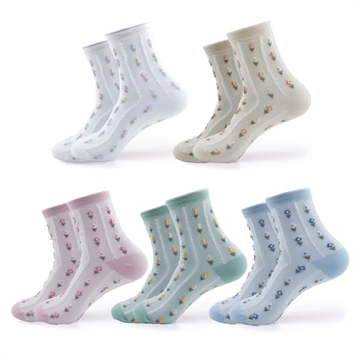 Image of Womens Cotton Crew & Ankle Socks, Cute Floral Ruffle Colorful Tube Size 6-9