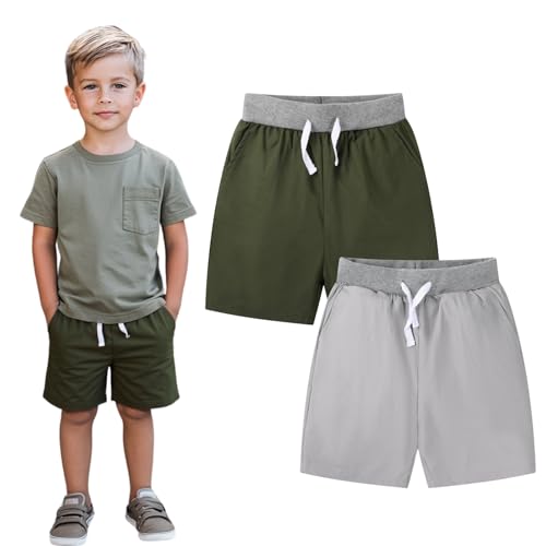 Image of HILEELANG Toddler Boy Chino Shorts Summer Cotton Stretch Drawstring School Uniform Jogger Shorts 2 Pack