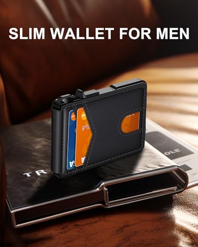 Wallet for Men, Mens Minimalist Wallet 9-13 Cards, Slim Compact Wallet with Money Clip & ID Window, RFID Blocking Smart Pop Up Card Wallet, Metal Aluminum Credit Card Holder Leather Bifold Wallet