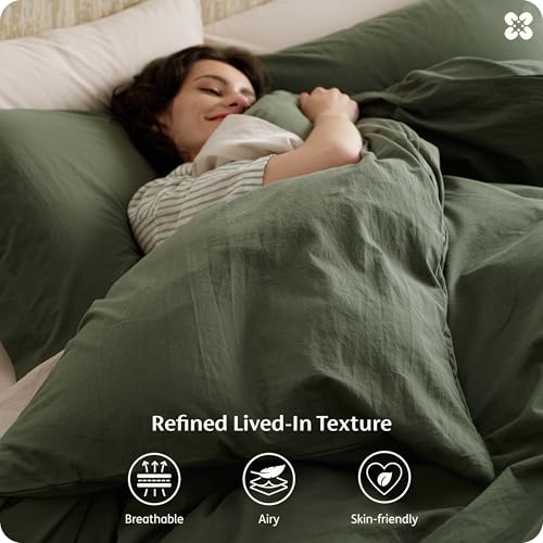 Image of Bedsure 100% Washed Cotton Duvet Cover Queen Size - Olive Green Minimalist Bedding Set Linen Like - PureWoven Plain Simple & Soft Comforter Cover for All Seasons (Olive Green, Queen, 90 inchx90 inch)