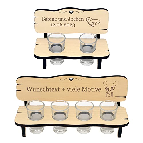 Hochzeitsbank mit Schnapsgläsern - Gravur mit Name + Spruch - Schnapsbank mit zwei Gläser oder 4, Geschenk zur Hochzeit, Verlobung, Jahrestag, Silberhochzeit, goldene Hochzeit