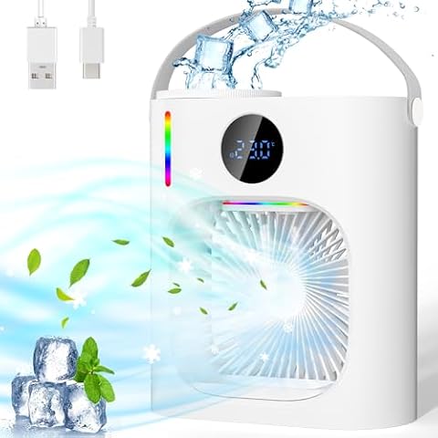 Mobilny klimatyzator, 4 w 1, z chłodną mgiełką, 900 ml, przenośny klimatyzator, mini wentylator USB, biurko z 3 prędkościami, 7 kolorów światła, do domu/biura