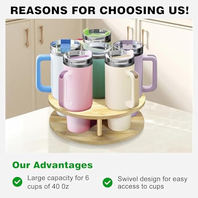 Water Bottle Organizer for Stanley Tumbler, Rotatable Stanley Cup Organizer for Kitchen Cabinets, Tumbler Holder Organizer for Stanley Cup Accessories(Wood)