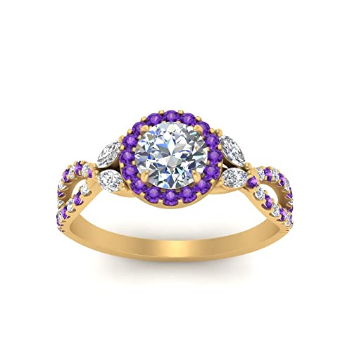 Image of Choose Your Gemstone Floral Split Shank Halo Engagement Ring Yellow Gold Plated Round Shape Split Shank Engagement Ring Lightweight Office Wear Everyday Gift Jewelry US Size 4 to 12