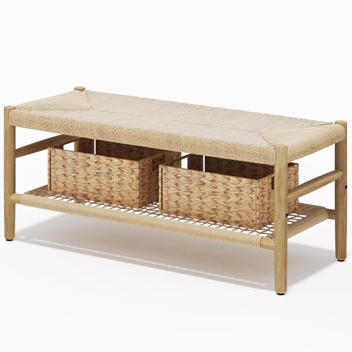 Recaceik-Indoor-Entryway-Bench-with-Paper-Cord-Ottoman-Grid-Storage-Rack-and-2-Baskets-Mid-Century-Long-Bench-with-Rubber-Wood-Legs-French-Vanity-End-Bed-Bench-for-Bedroom-Living-Room-Channel Recaceik Indoor Entryway Bench with Paper Cord Ottoman Grid Storage Rack and 2 Baskets Mid Century Long Bench with Rubber Wood Legs French Vanity End Bed Bench for Bedroom Living Room Channel