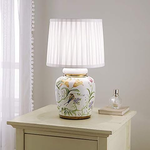 Traditional Ceramic Floral Table Lamp with White Pleated Shade 44cm Table Lamp Floral and Birds Design Cover