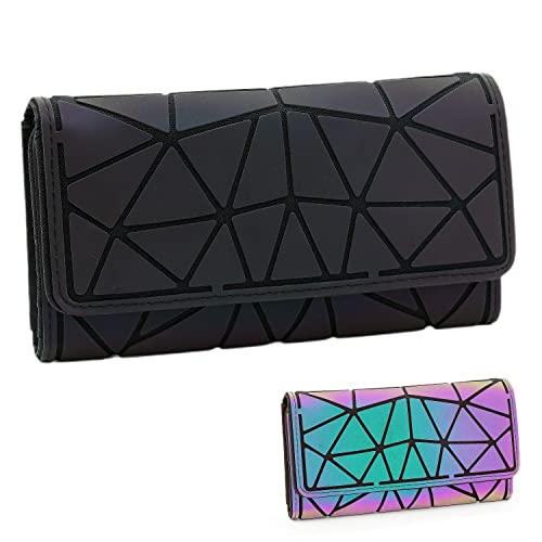 Cafiny Geometric Luminous Wallet For Women Holographic Reflective Clutch Purse With 3 Folds And Snap Button #TOP24