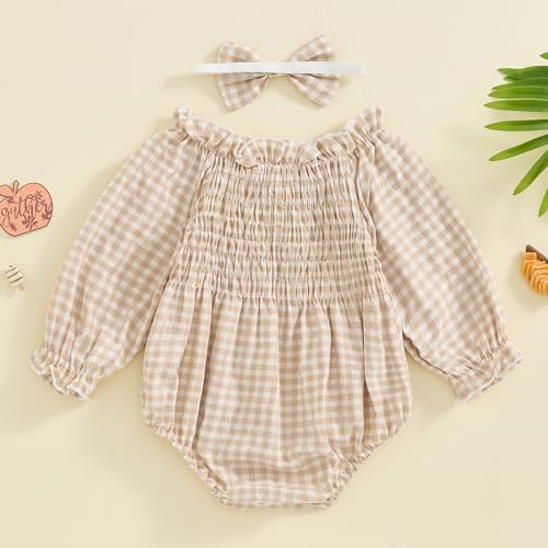 Baby Girls Ribbed Romper Outfits Ruffle Sleeve Bodysuit with Plaid Romper Dress One Piece Bubble Playsuit+Headband3