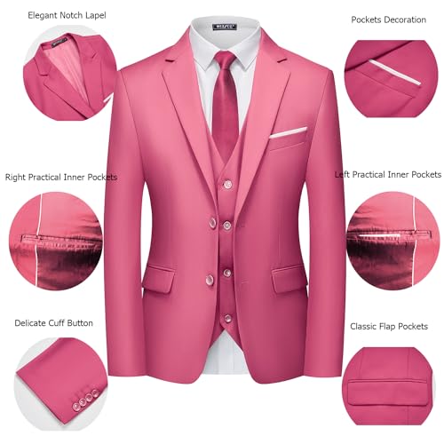 WULFUL Men's 3 Piece Slim Fit Suit Set Two Button Blazer Jacket Vest Pants Tuxedo Set for Party, Wedding and Business
