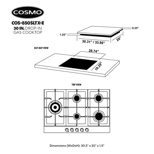 COSMO 850SLTXE 30 in. Gas Cooktop with 5 Burners, CounterTop Cooker