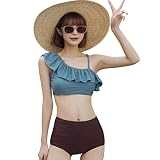 [Teddy] 水着 レディース ビキニ ワンショルダー フリル 2点セット ハイウエスト バックシャン 2way hys2347 (ダークブルー×ブラウン, L(9号))