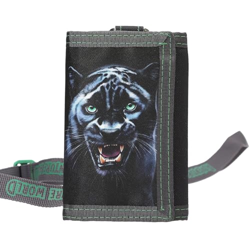 Depesche 13696 Adventure World Panther - Portemonnaie in Schwarz und Grün, mit Panther Motiv, Geldbörse mit Lanyard-Band