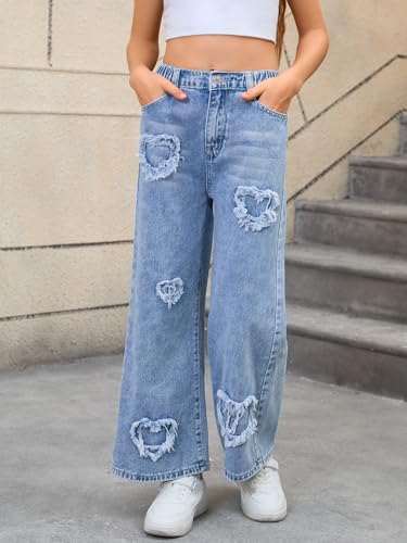 Verdusa Girls Y2K Baggy Jeans Elastic High Waist Wide Leg Loose Denim Jeans Pants Tween Clothes for Girls 10-123