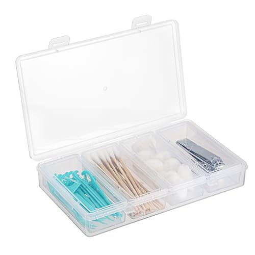 Hipiwe Plastic Cotton Swab Holder for Travel 4 in 1 Compact Cleaning Organizer for Hair Rope Paperclip Clear Dental Floss Sticks Case with Lid Small Travel Container Hair Tie Storage Box