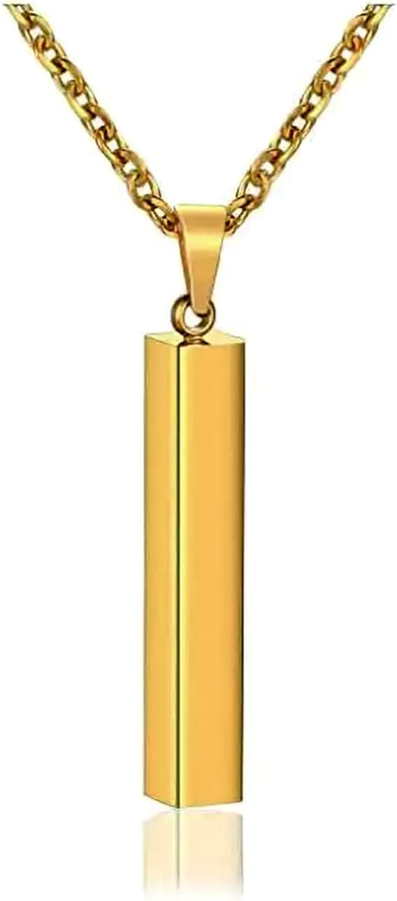 Customized Stainless Steel 3D Cuboid Vertical Charm Bar, Personalized Locket Necklace With Chain For Men/Women