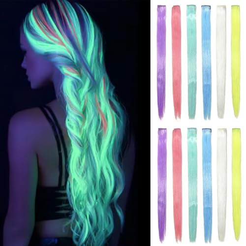 EXTACIO Clip in Glow in the Dark Hair Extensions 12pcs/Pack Synthetic Clip in Luminous Hairpieces 6 Colors Mixed for Party Holiday