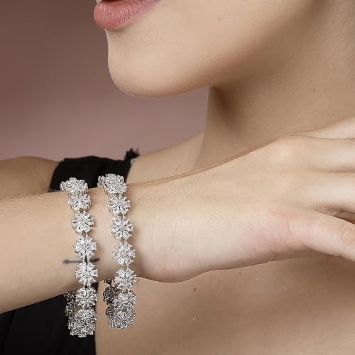 Image of ZENEME Rhodium-Plated Silver Toned White American Diamond Studded Bangle Set for Women and Girls