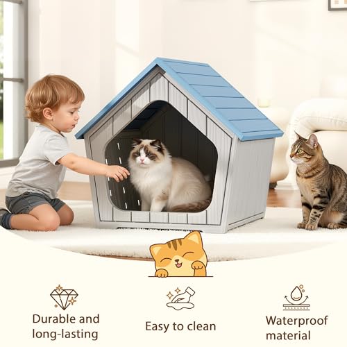 Image of Cat Litter Box Enclosure, Resin Outdoor Litter Box with Air Holes, Cat Houses for Outdoor Cats, Wide Opening Design for Easy Cleaning, Blue