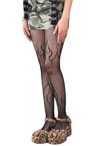 Image of Mrotrida Women's Fire Patterned Fishnet Tights Sexy Elastic Blaze Pantyhose Leggings Fire Mesh Stockings