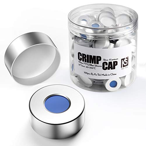 Ks-Tek 20mm Aluminum Crimp Seal Cap with Natural PTFE/Blue Silicone Septa (Silver) 100pk