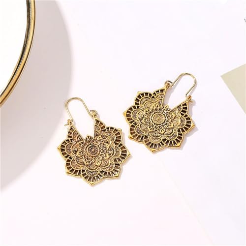Boho Antique Carved Flower Dangle Drop Earrings for Women Vintage Retro Handmade Hollowed Antiqued Bronze Floral Shaped Geometric Gold Silver Plated Hoop Earrings for Ethnic Style Jewelry Gifts3