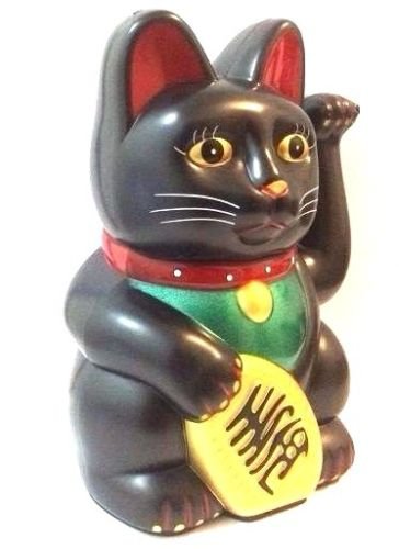 Feng Shui BLACK BECKONING CAT Wealth Lucky Waving Kitty Maneki Neko 6" Tall