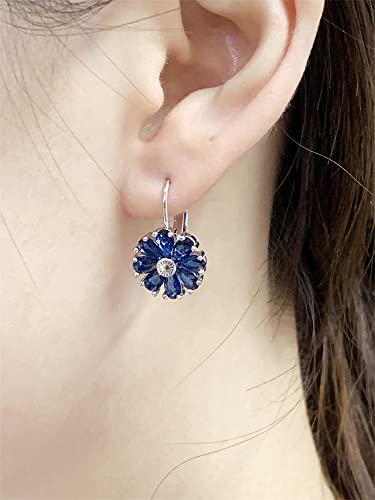 CZ Wedding Daisy Flower Earrings for Women Girls Silver Plated Cubic Zirconia Cute Sunflower Dangle Small Hoop Lever Back Huggie Hoops Earring Nickel Free Birthday Party Vacation Jewelry Gifts (Blue)2