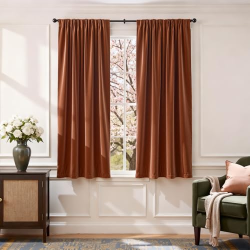 Image of Burnt Orange Velvet Curtains Warm Rod Pocket 52x63 Inch 2 Panels | Soft Velvet, Light Filtering, For Small Windows, Kitchens & Bathrooms, Light Shifting Texture, Elegant Drape, Luxury