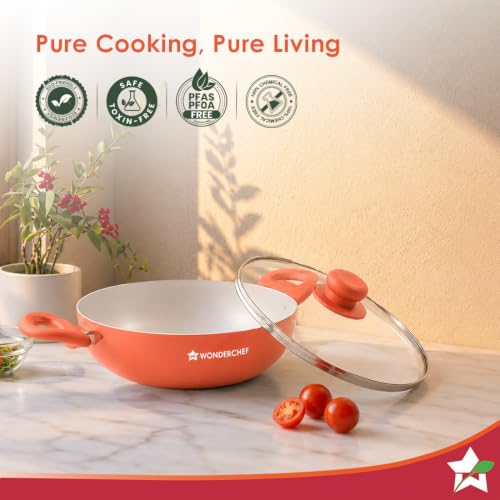 Image of Wonderchef Natura Ceramic Kadhai & Glass Lid for Cooking, 24cm, 2.5L, Non-Toxic Chemical-Free Coating, PFOA /PFAS-Free, for Kitchen, Scratch-Resistant, Gas & Induction Compatible, 2-Yr Warranty, Peach
