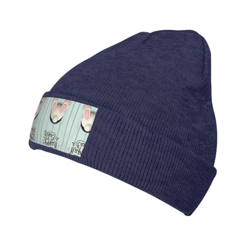 Migpkd Gorro unisex con forma de cola de conejo, huevos de Pascua, para hombres y mujeres, gorro de punto de invierno, gorro cálido con puños, a la moda, azul marino, Talla única