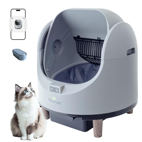 Nikomart Open-Top Self Cleaning Litter Box, 68L Large Capacity for Multi Cats - Automatic Litter Box New Gray Design with App Control & Fragrance Dispenser for a Fresh Home