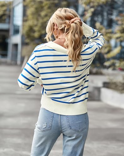 Image of utcoco Women's 2024 Knit Striped Sweater Casual Loose Polo V Neck Long Sleeve Pullover Jumper Tops