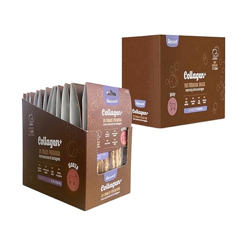 Record - Snack Premium per Cani Collagen+ Gusto Manzo. Tronchetti con alto valore proteico. Masticativi per cani ricchi di collagene. Senza coloranti, Confezione da 12 sacchetti da 60 g|(XS-S)