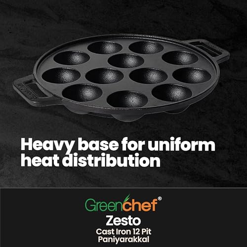 Image of GREENCHEF Pre-Seasoned Cast Iron Zesto Paniyarkkal 12 Pits 20 cm with Nonstick Coating